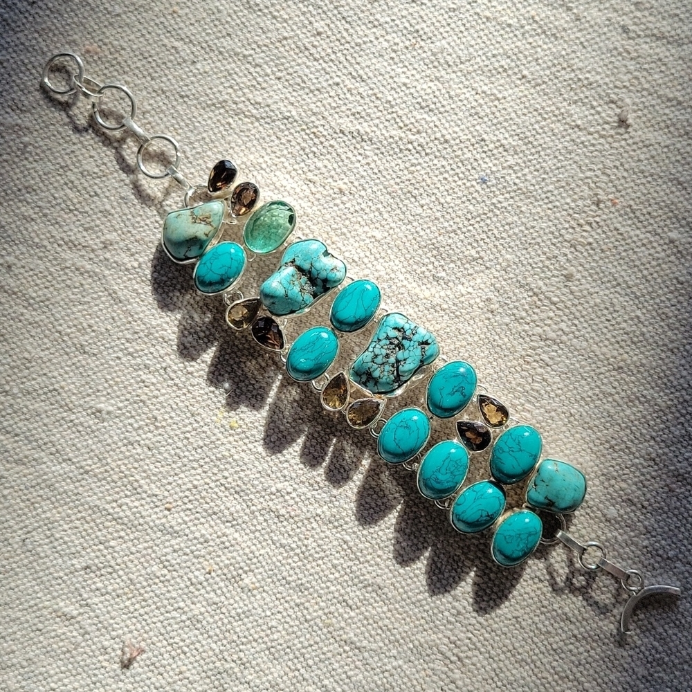 Turquoise Howlite Chocolate Quartz Natural Gemstone S925 Bracelet - Picture 10 of 10